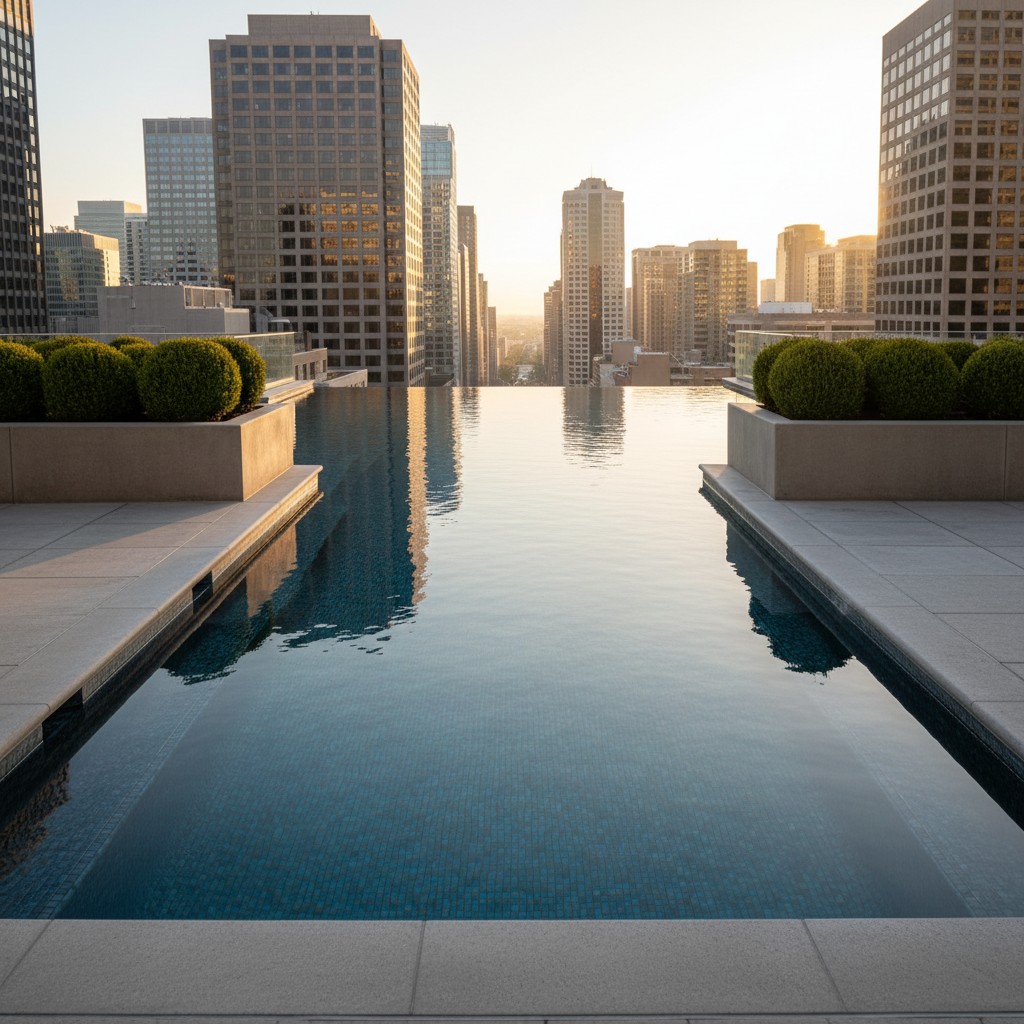 The image depicts a serene urban oasis, featuring an infinity pool overlooking a city skyline, with the sun setting in the...