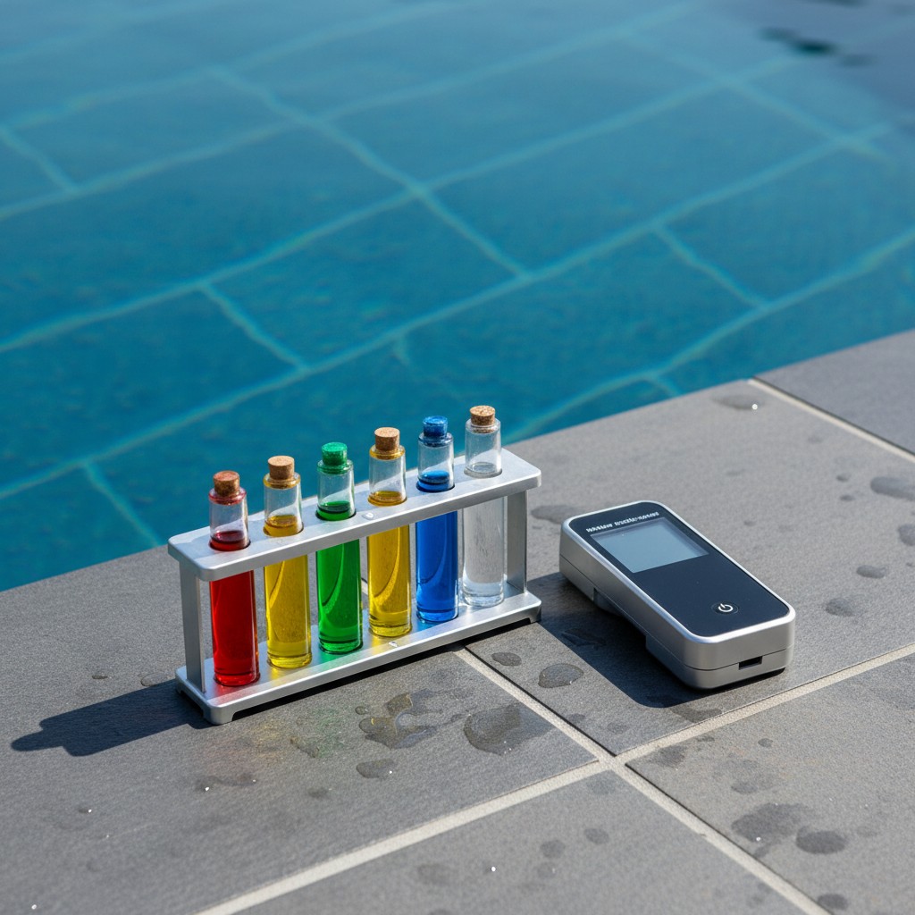 Un medidor de pH enfriado bajo el sol con un divulgador de pH igualizado sobre agüas azules.