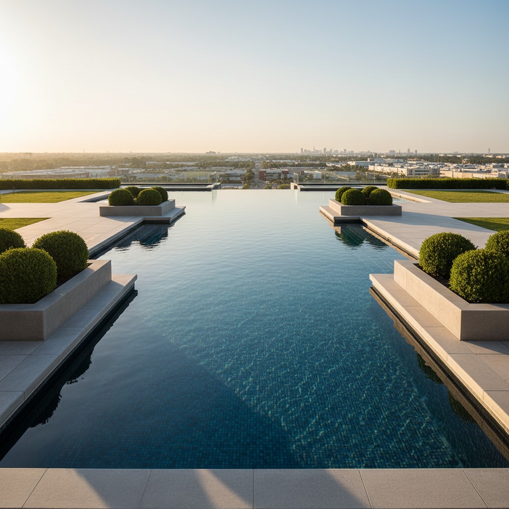 Una fuente majestuosa adornada con juegos de esculturas pequeñas en un escenario urbano aerial/conjunto de estanques en un...